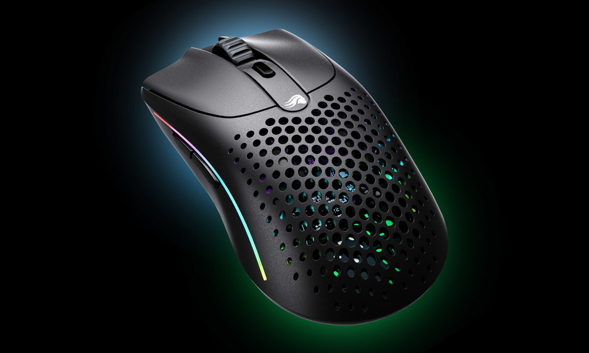 GLORIOUS Model O 2 Dzielona konstrukcja przycisków przełącznikami Glorious Switches 80 milionów kliknięć - na czarnym tle pokazana pod kątem od góry