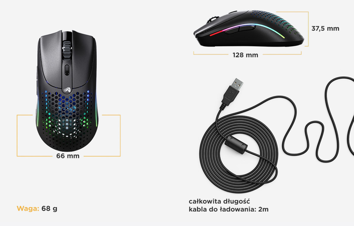 GLORIOUS Model O 2 Symetryczny, oburęczny design średnich i dużych dłoniach Konfigurowalne podświetlenie RGB (16,8 miliona kolorów) przycisków na myszy pełni spersonalizować w oprogramowaniu Glorious CORE DPI, Lift-Off Distance i zaprogramujesz wszystkie 6 przycisków - prezentacja wymiarów myszy oraz dołączonego do zestawu kabla USB
