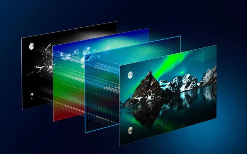 Telewizor PHILIPS 55OLED770 obraz OLED 4K UHD głęboka czerń kontrast, rozwarstwienie matrycy na ciemnym tle