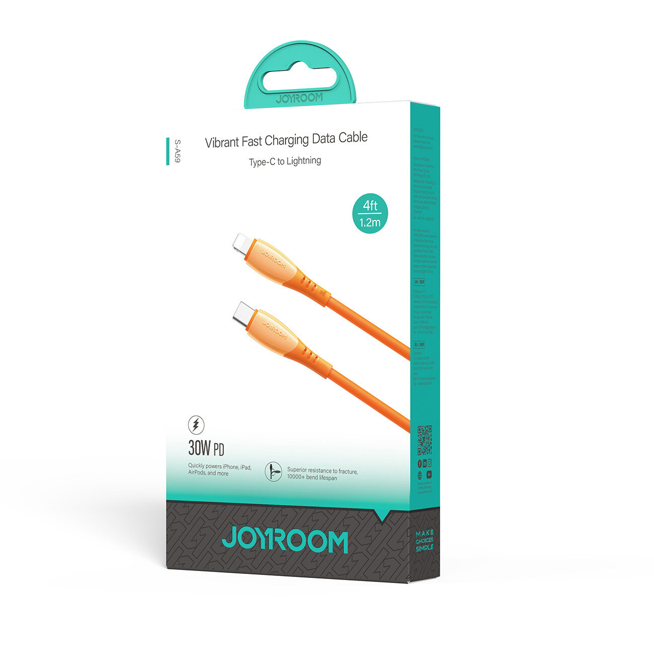 Opakowanie kabla do szybkiego ładowania USB-C do Lightning w kolorze pomarańczowym o długości 1.2 metra. Na opakowaniu widnieje tekst: \'Vibrant Fast Charging Data Cable\', \'30W PD\', \'JOYROOM\'.
