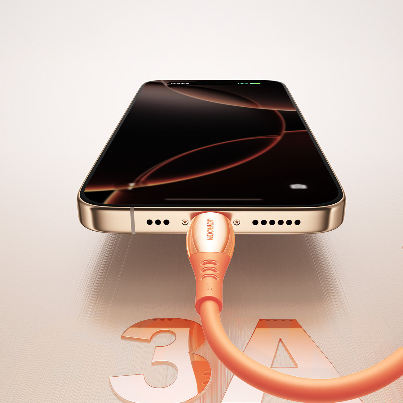 Na obrazie widać smartfon z podłączonym pomarańczowym kablem USB-A - Lightning. Na kablu widoczne jest logo \'HOCO\' oraz napis \'3A\'.