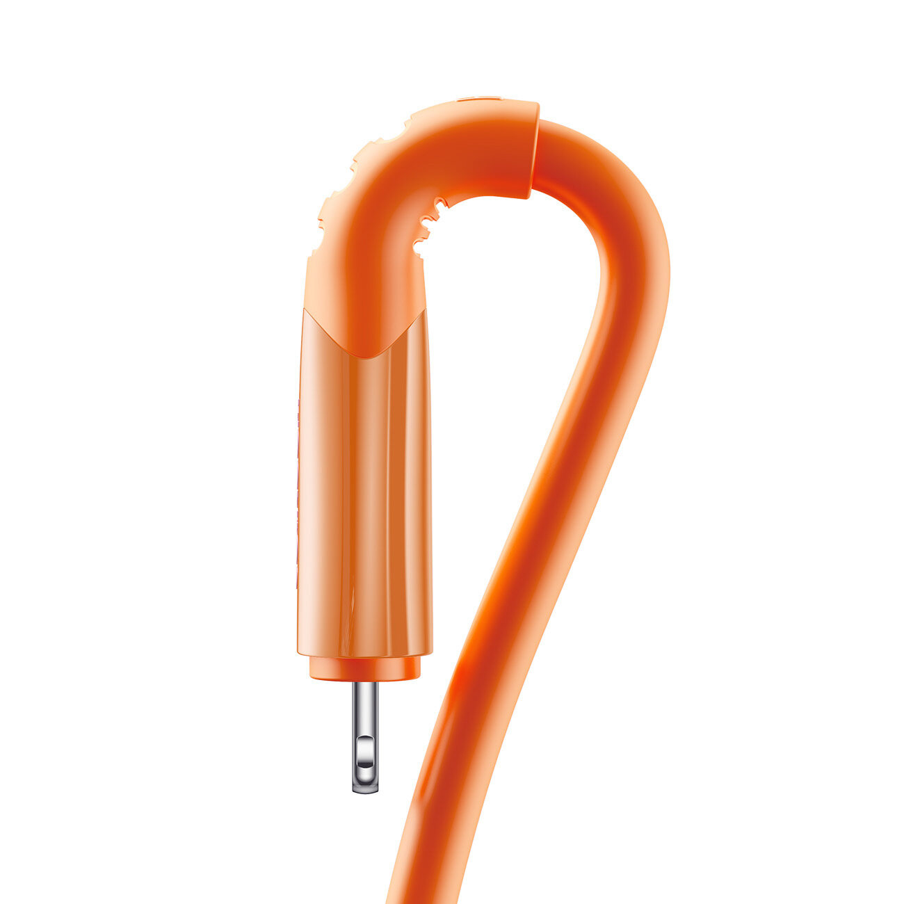 Pomarańczowy kabel z końcówką USB-C, widoczny w zbliżeniu. Kabel jest zakrzywiony, a jego powierzchnia jest gładka.
