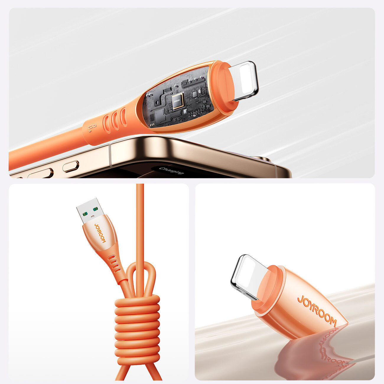 Obraz przedstawia pomarańczowy kabel USB-A do Lightning z widocznym wnętrzem wtyczki, z napisem \'JOYROOM\' na obudowie. Kabel jest zwinięty i pokazany w różnych ujęciach, w tym podłączony do urządzenia.