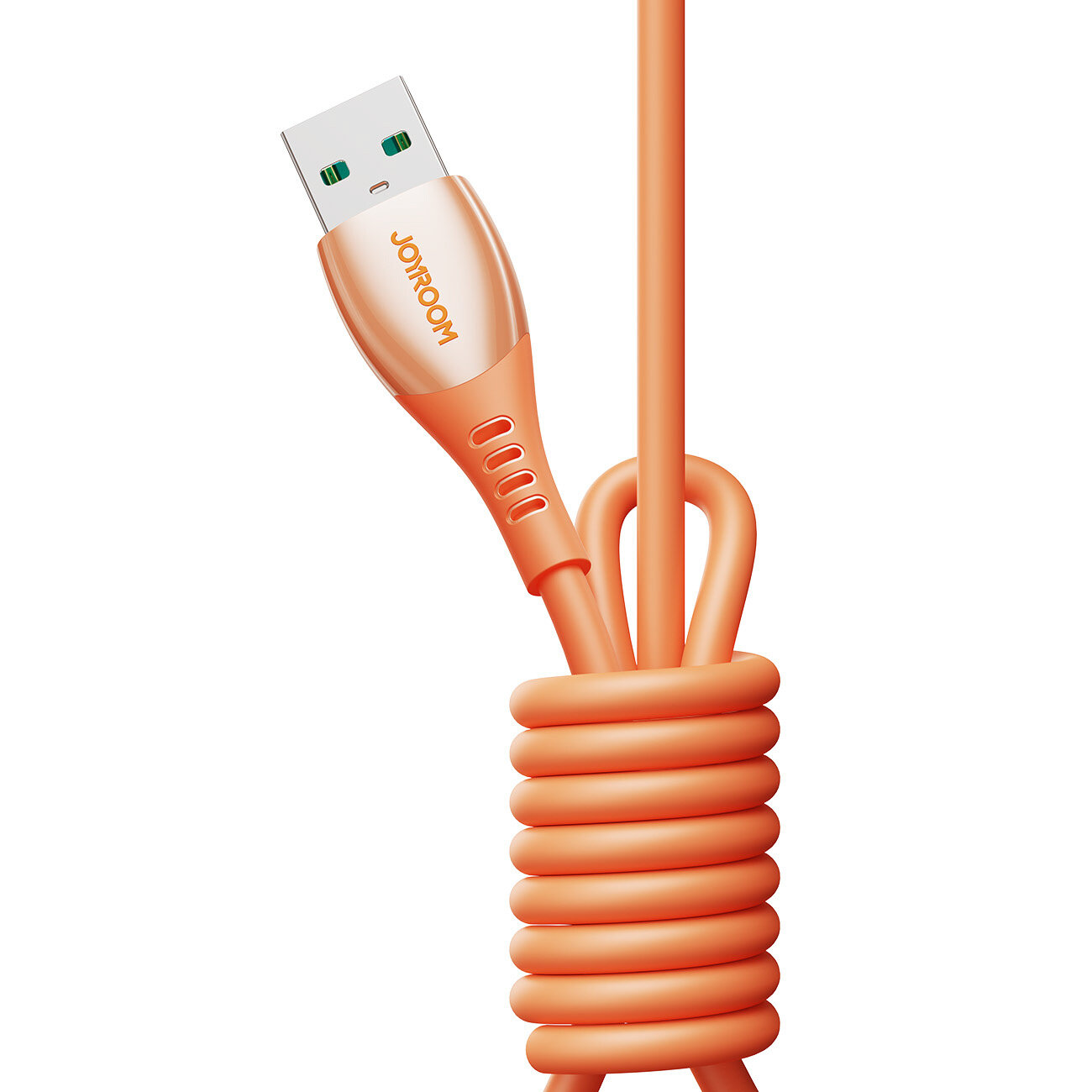 Pomarańczowy kabel USB-A z logo \'JOYROOM\' na wtyczce, zwinięty w spiralę. Kabel jest przeznaczony do ładowania i transferu danych.
