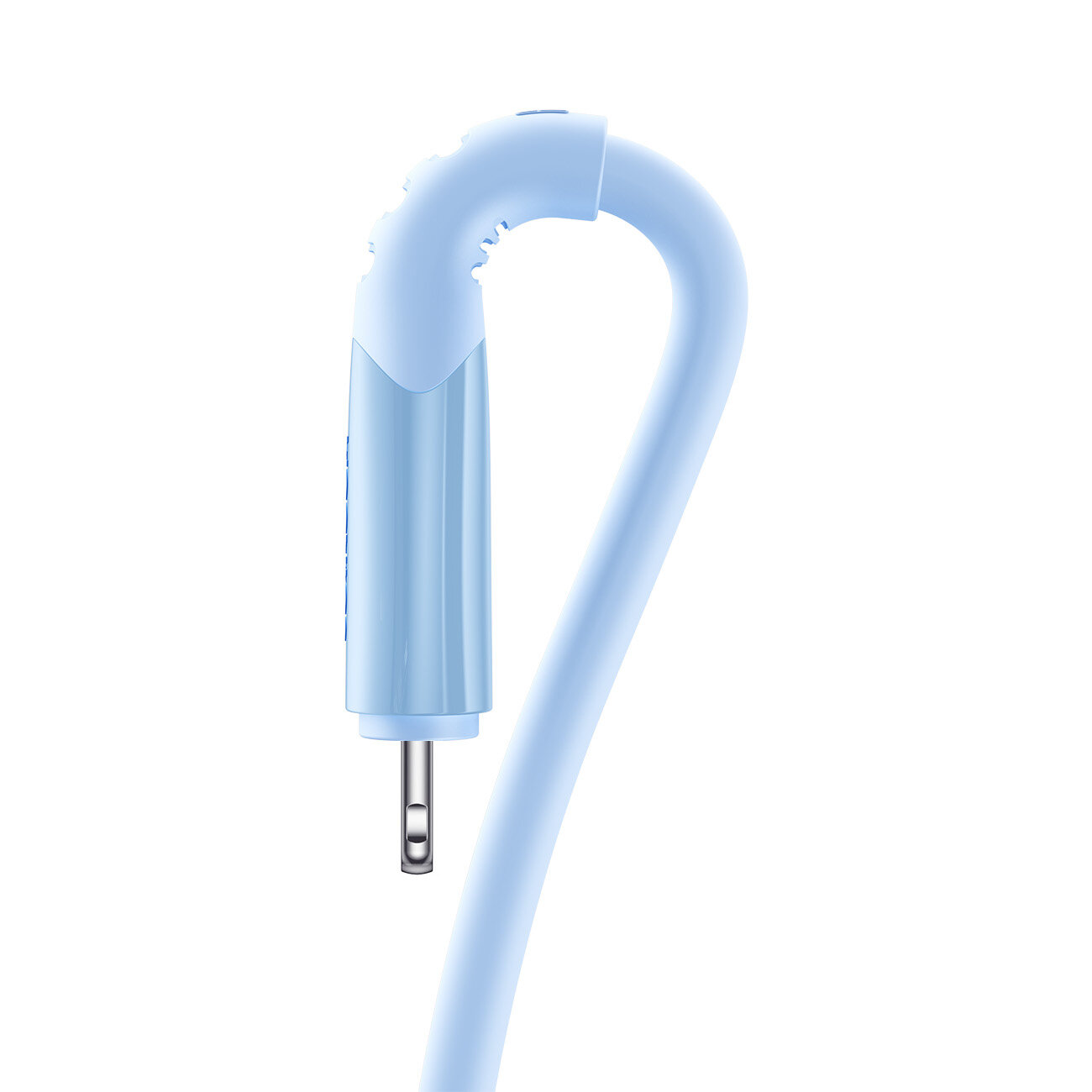 Obraz przedstawia niebieski kabel z końcówką USB-A - Lightning. Kabel jest zakrzywiony, a jego powierzchnia jest gładka i błyszcząca.