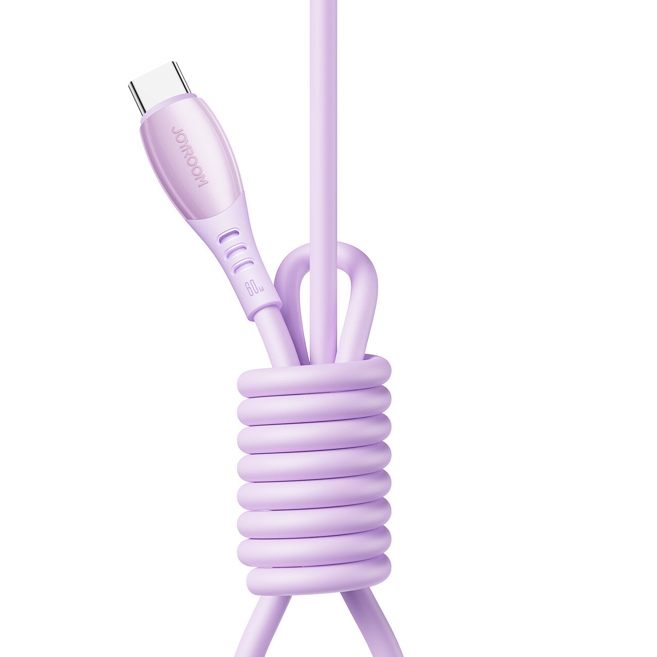 Fioletowy kabel USB-C do USB-C o długości 1,2 metra, zwinięty w spiralę. Na wtyczce widoczne jest logo \'Joyroom\'.
