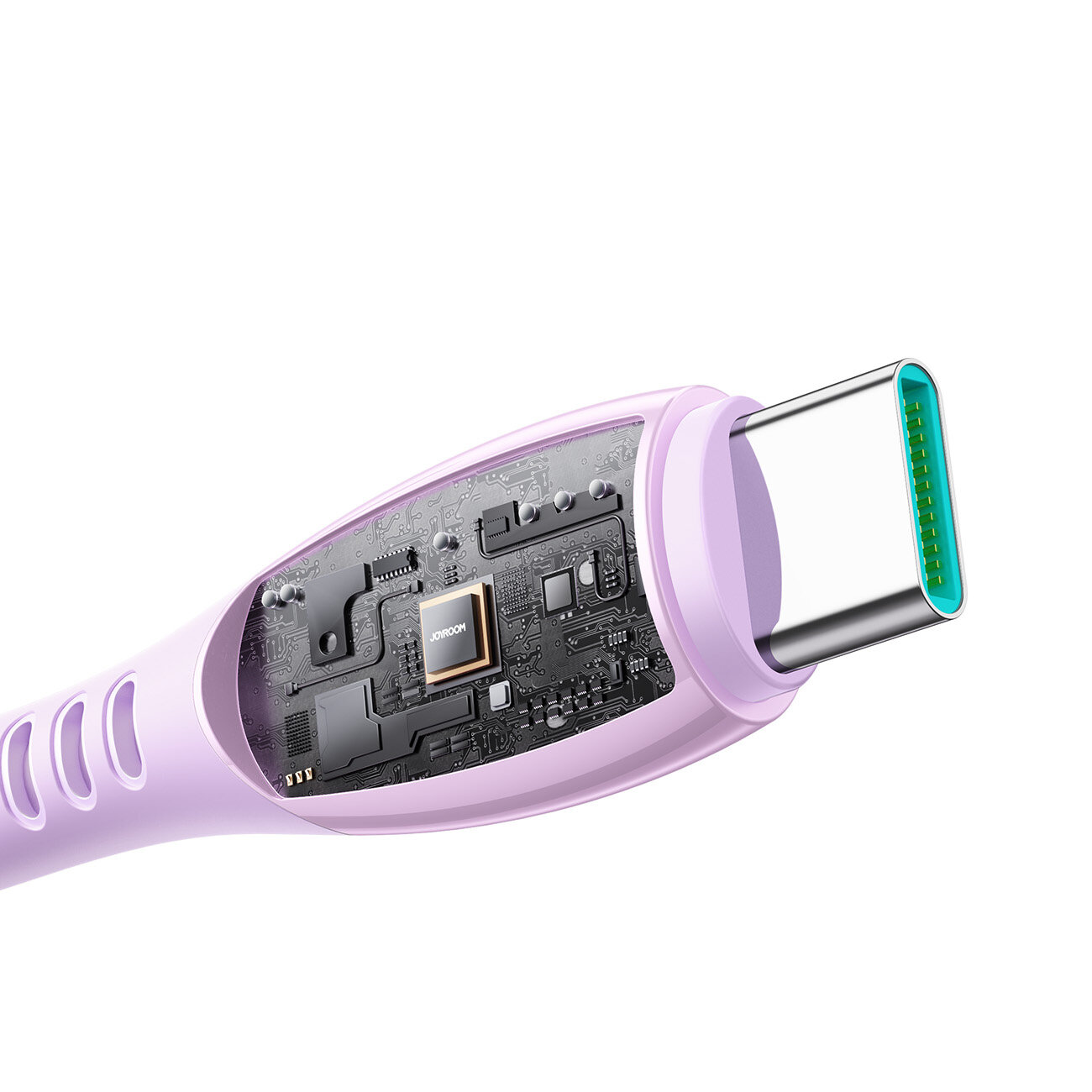 Fioletowy kabel USB-C z widocznym wnętrzem, ukazującym elementy elektroniczne i chip z napisem \'JOWAY\'.