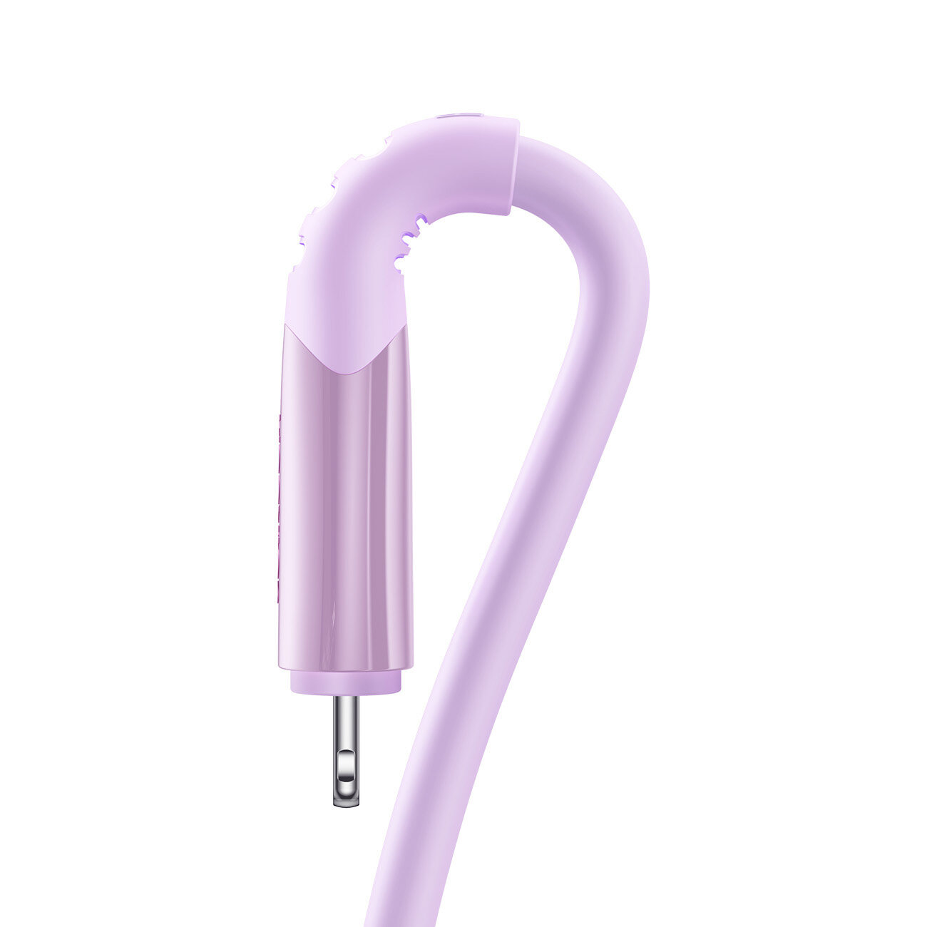 Fioletowy kabel z końcówką USB-C, przeznaczony do szybkiego ładowania. Kabel ma gładką powierzchnię i jest lekko zakrzywiony.