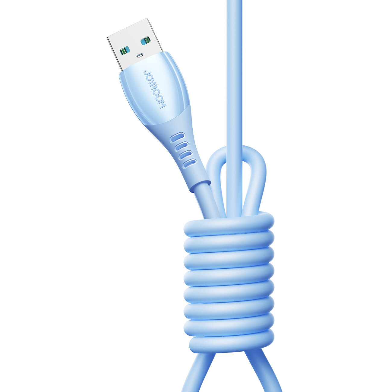 Niebieski kabel USB-A z logo \'JOYROOM\' na wtyczce, zwinięty w pętlę. Kabel jest przeznaczony do ładowania i transferu danych.