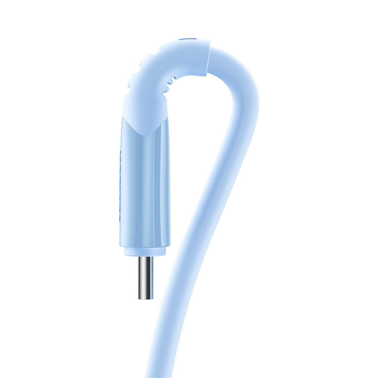 Obraz przedstawia niebieski kabel USB-C z zakrzywioną końcówką. Kabel ma gładką powierzchnię i metalową wtyczkę.
