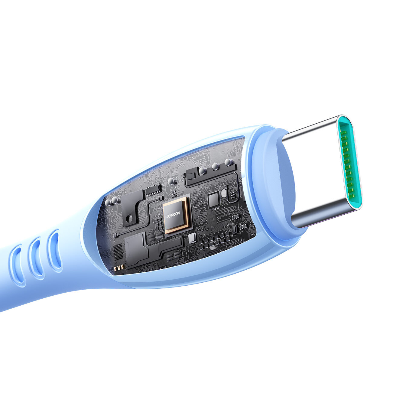 Obraz przedstawia niebieski kabel USB-C z widocznym wnętrzem, ukazującym układ elektroniczny z napisem \'JOYROOM\'.