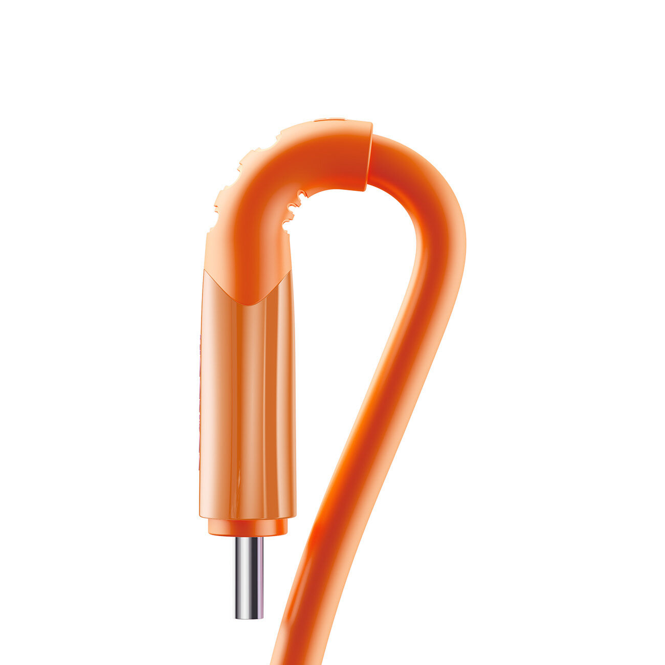 Pomarańczowy kabel USB z widoczną końcówką USB-C, zakrzywiony w kształt litery U.