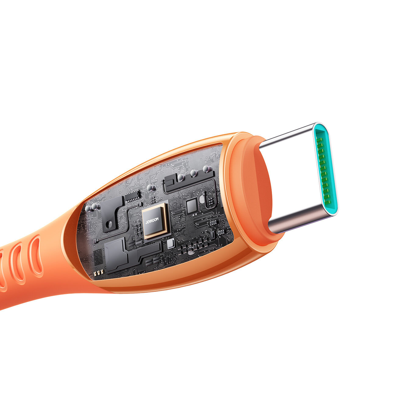 Obraz przedstawia pomarańczowy kabel USB-C z widocznym wnętrzem, ukazującym elementy elektroniczne i chip z napisem \'JOWHON\'.