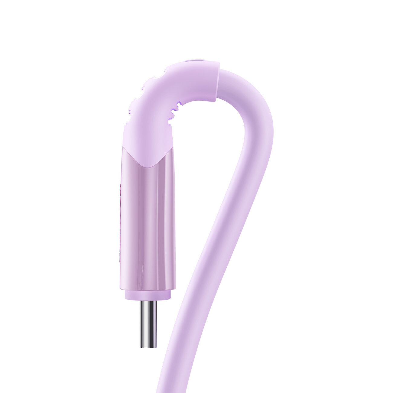Fioletowy kabel USB z końcówką USB-C, widoczny jest fragment przewodu oraz złącze.