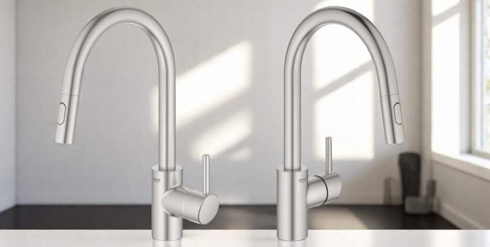 BATERIA KUCHENNA GROHE CONCETTO 31483DC2 STAL NIERDZEWNA zdjęcie lifestyle dwie baterie lewo prawo bok ściana w tle cień wyciągana wylewka wygoda obracalna swoboda ruchu