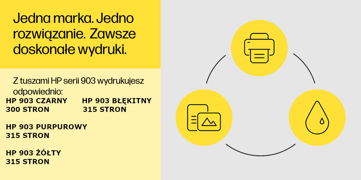 Tusz HP 903 Instant Ink Żółty 4 ml T6L95AE oryginalny niezawodność intensywne kolory długotrwałe rezultaty idealnie dopasowany do konkretnego modelu drukarki
wydruki odporne na blaknięcie odpowiedzialna produkcja opakowania wykonane z materiałów nadających się do recyklinu
wydajność na poziomie do 315 stron