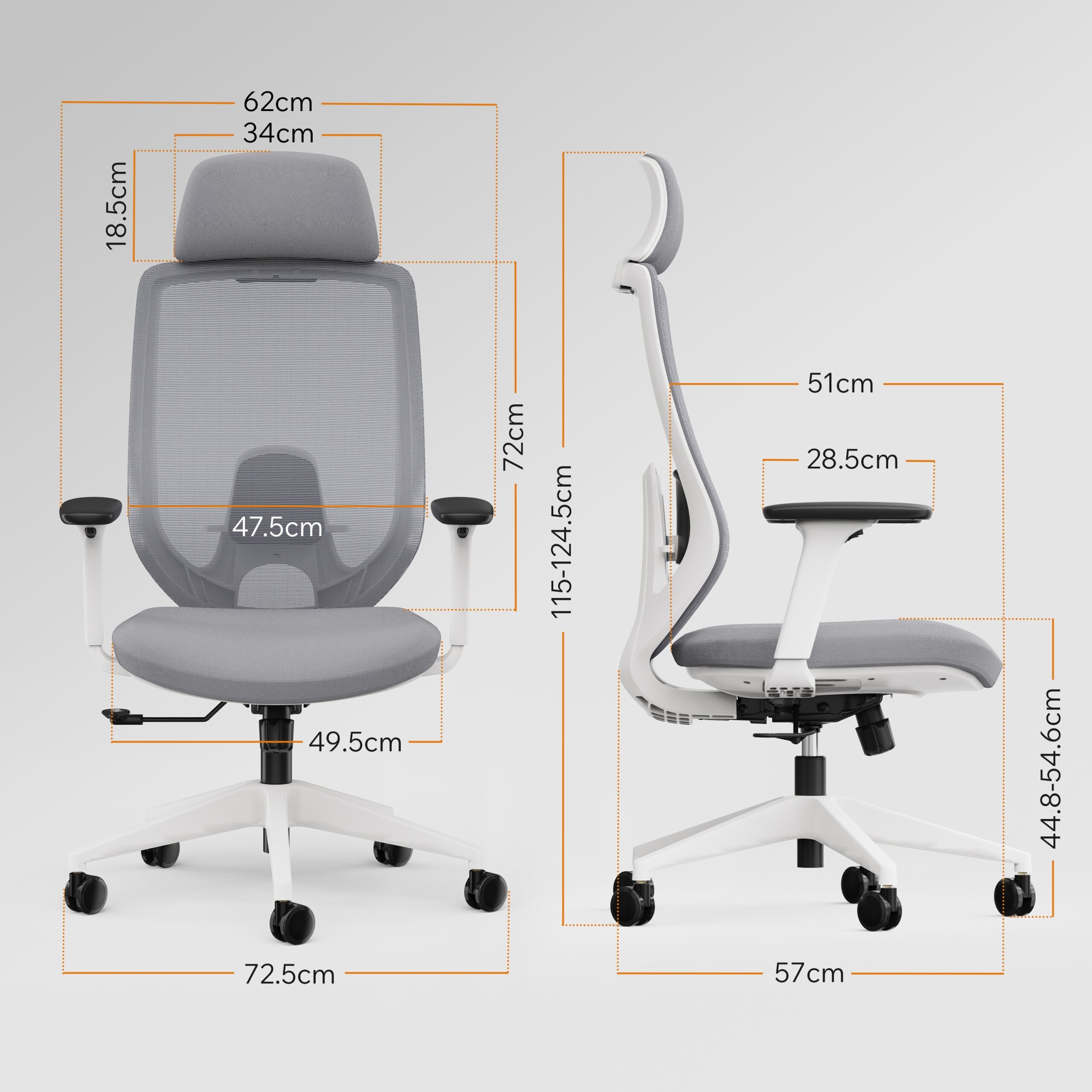 Obraz przedstawia szary, ergonomiczny fotel biurowy z regulowanym oparciem i podłokietnikami. Na obrazie widoczne są wymiary fotela: wysokość oparcia 72 cm, szerokość siedziska 47,5 cm, głębokość siedziska 49,5 cm, oraz wysokość całkowita regulowana od 115 do 124,5 cm.