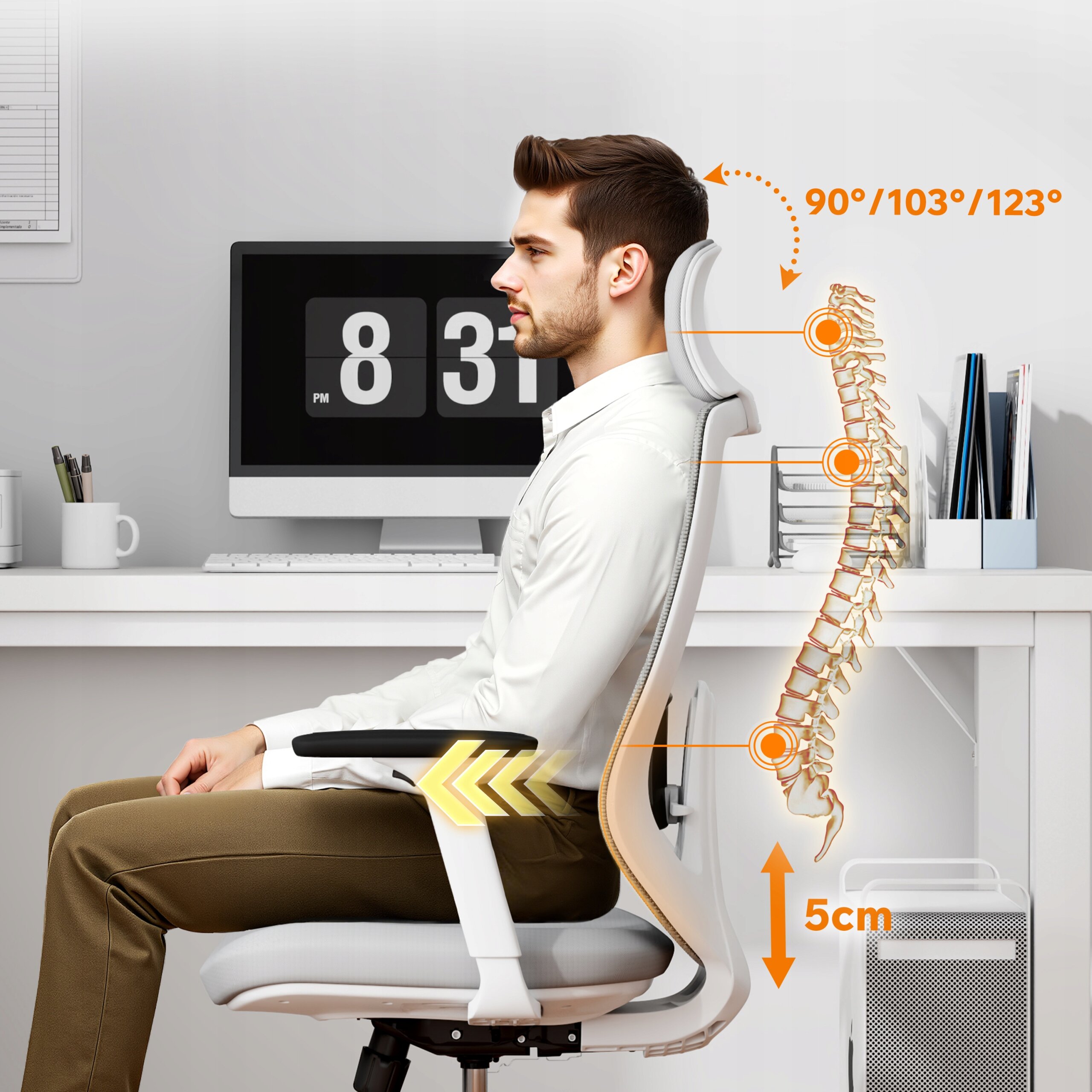 Mężczyzna siedzi na szarym ergonomicznym fotelu biurowym przy biurku, z wizualizacją kręgosłupa i kątów nachylenia oparcia 90°/103°/123°. Na ekranie komputera widoczny jest zegar z godziną 8:31 PM, a obok znajduje się napis \'5cm\'.