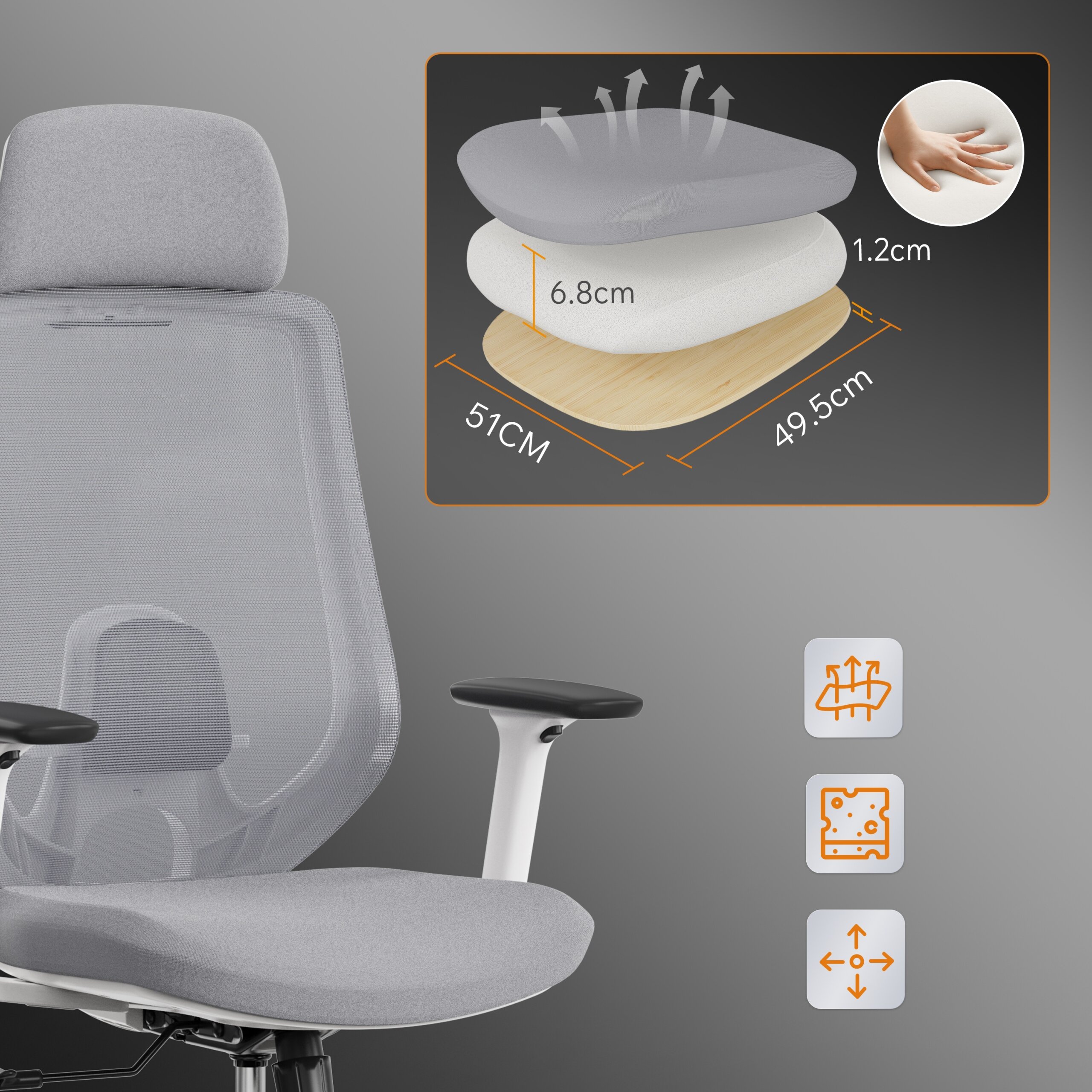 Obraz przedstawia szary fotel ergonomiczny z regulowanymi podłokietnikami. Obok znajduje się diagram warstw siedziska z wymiarami: 51 cm na 49,5 cm, oraz ikony wskazujące na przepuszczalność powietrza, strukturę materiału i regulację.