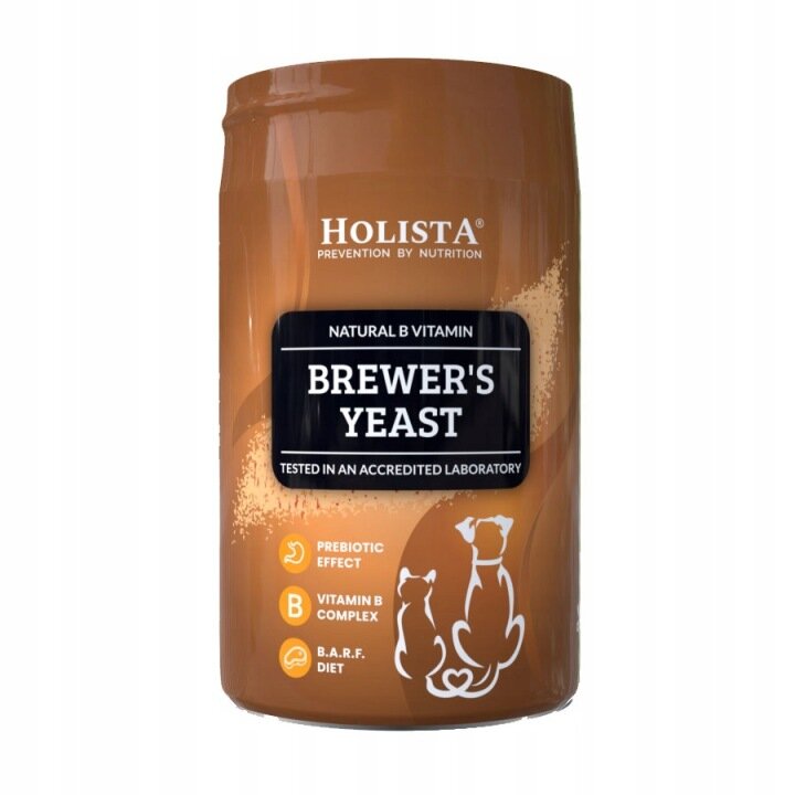 Brązowe opakowanie produktu z napisem \'HOLISTA PREVENTION BY NUTRITION\' oraz \'BREWER\'S YEAST\' na czarnej etykiecie. Dodatkowe informacje to \'PREBIOTIC EFFECT\', \'VITAMIN B COMPLEX\', \'B.A.R.F. DIET\'.