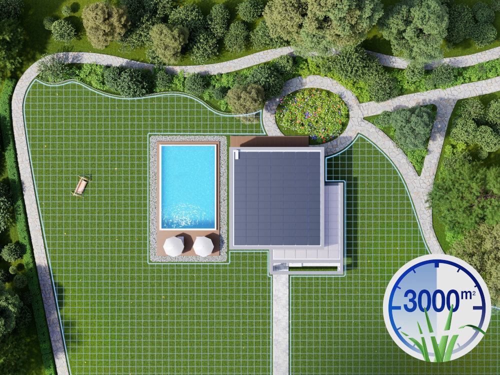 Widok z góry na ogród z basenem, domem i ścieżkami otoczonymi zielenią. W prawym dolnym rogu znajduje się okrągły wskaźnik z napisem \'3000 m²\'.