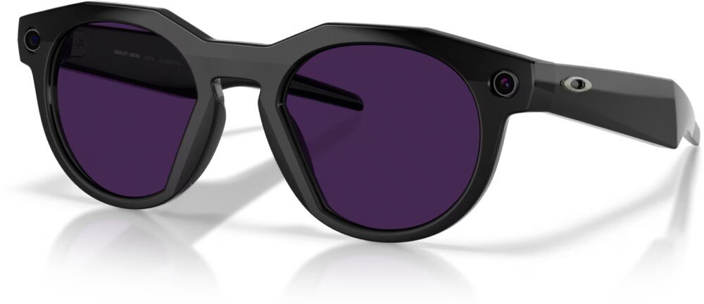 Okulary META Oakley HSTN zdjęcie czarnych okularów przeciwsłonecznych z fioletowymi soczewkami, które są ustawione pod kątem, z boku widać logo a w rogach soczewek kamery