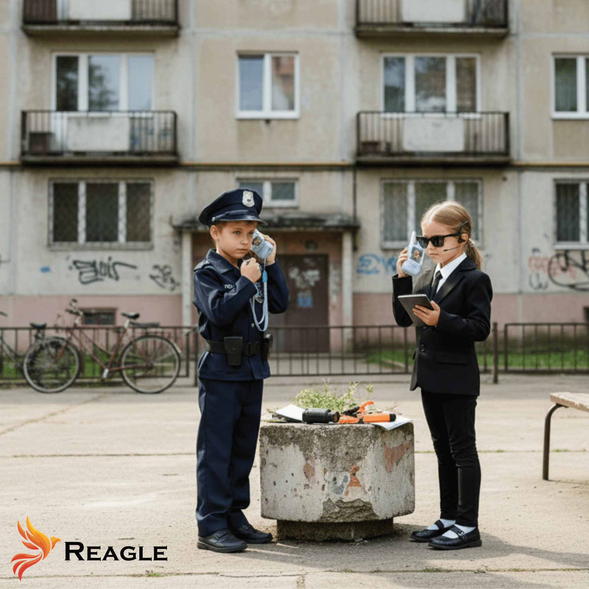Dwoje dzieci bawi się krótkofalówkami na tle budynku mieszkalnego. Na dole obrazu widoczne jest logo Reagle.