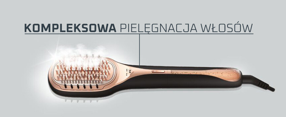 Obraz przedstawia szczotkę prostującą z parą unoszącą się nad włosiem. Widoczny jest tekst: \'KOMPLEKSOWA PIELĘGNACJA WŁOSÓW\'.