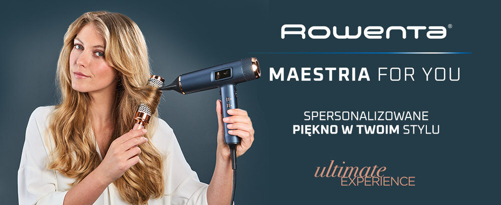 Kobieta używa suszarki do włosów, obok widoczny jest tekst: \'Rowenta Maestria For You, spersonalizowane piękno w twoim stylu, ultimate experience\'.