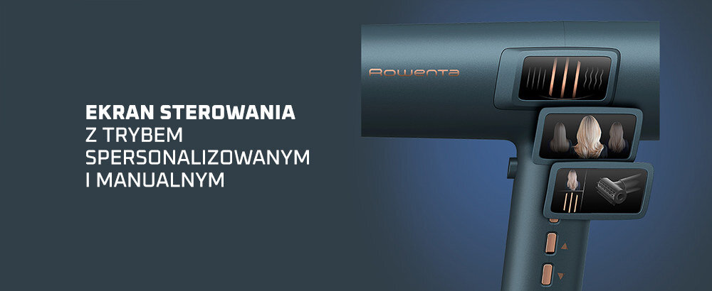 Obraz przedstawia suszarkę do włosów z ekranem sterowania, na którym widoczne są różne tryby suszenia. Obok znajduje się tekst: \'EKRAN STEROWANIA Z TRYBEM SPERSONALIZOWANYM I MANUALNYM\'.
