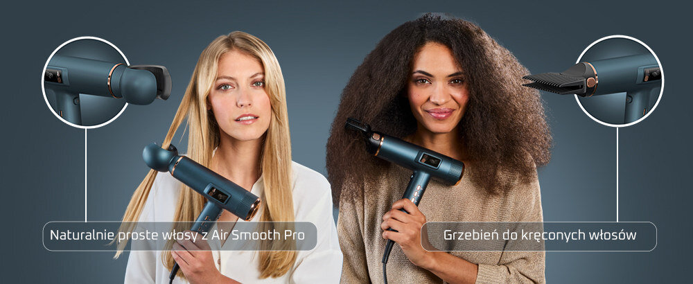 Dwie osoby trzymają suszarki do włosów, jedna z prostownicą, druga z grzebieniem do kręconych włosów. Widoczne są napisy: \'Naturalnie proste włosy z Air Smooth Pro\' oraz \'Grzebień do kręconych włosów\'.
