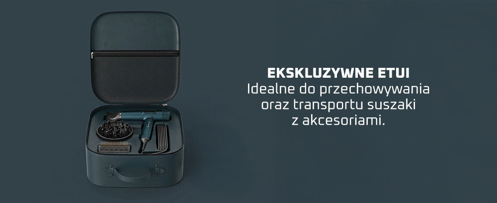 Na obrazie widoczne jest otwarte etui z suszarką do włosów i akcesoriami. Obok znajduje się tekst: \'EKSKLUZYWNE ETUI Idealne do przechowywania oraz transportu suszaki z akcesoriami.\'