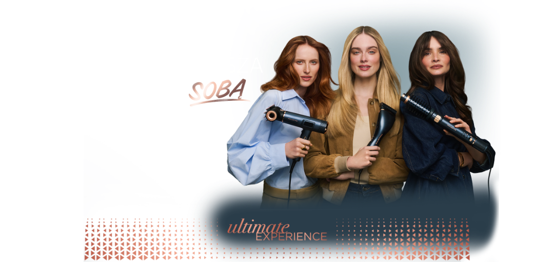 Trzy kobiety trzymają różne modele suszarek do włosów. Na dole widoczny jest napis \'ultimate EXPERIENCE\'.
