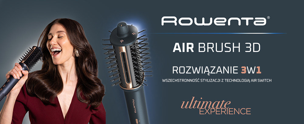 Obraz przedstawia suszarko-lokówkę z napisem \'Rowenta AIR BRUSH 3D ROZWIĄZANIE 3W1 WSZECHSTRONNOŚĆ STYLIZACJI Z TECHNOLOGIĄ AIR SWITCH ultimate EXPERIENCE\'. Obok urządzenia znajduje się kobieta z długimi, ciemnymi włosami, trzymająca szczotkę.