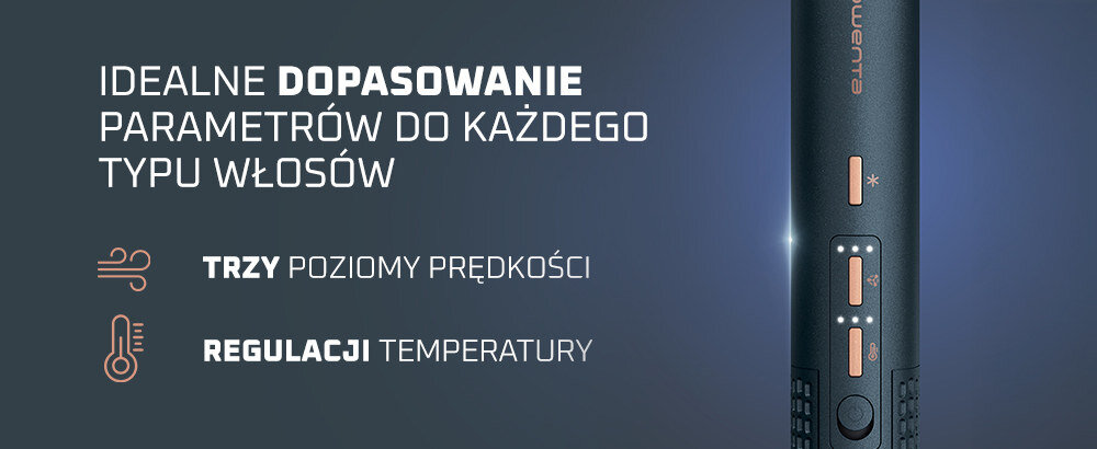 Obraz przedstawia fragment suszarko-lokówki z widocznymi przyciskami i napisami: \'IDEALNE DOPASOWANIE PARAMETRÓW DO KAŻDEGO TYPU WŁOSÓW\', \'TRZY POZIOMY PRĘDKOŚCI\', \'REGULACJI TEMPERATURY\'.