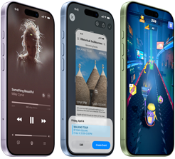 Urządzenia iPhone 17 pokazane z przodu i z boku z wyeksponowanymi przyciskami głośności i przyciskiem czynności, na ekranach zaprezentowane są aplikacja Apple Music, funkcja Inteligencja wizualna i gra mobilna