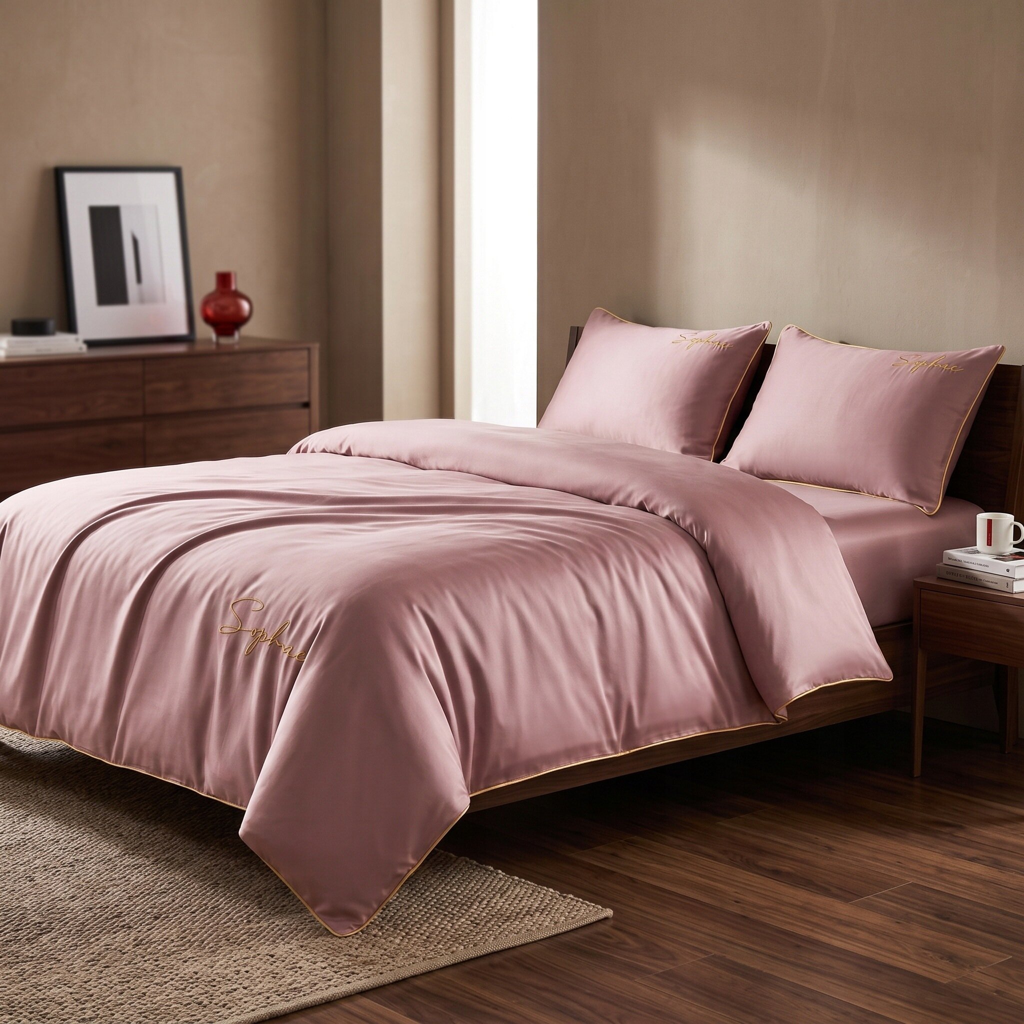 Na zdjęciu znajduje się łóżko z pościelą w kolorze różowym, z delikatnym haftem. W tle widać drewnianą komodę z czerwoną wazą i obrazem opartym o ścianę.