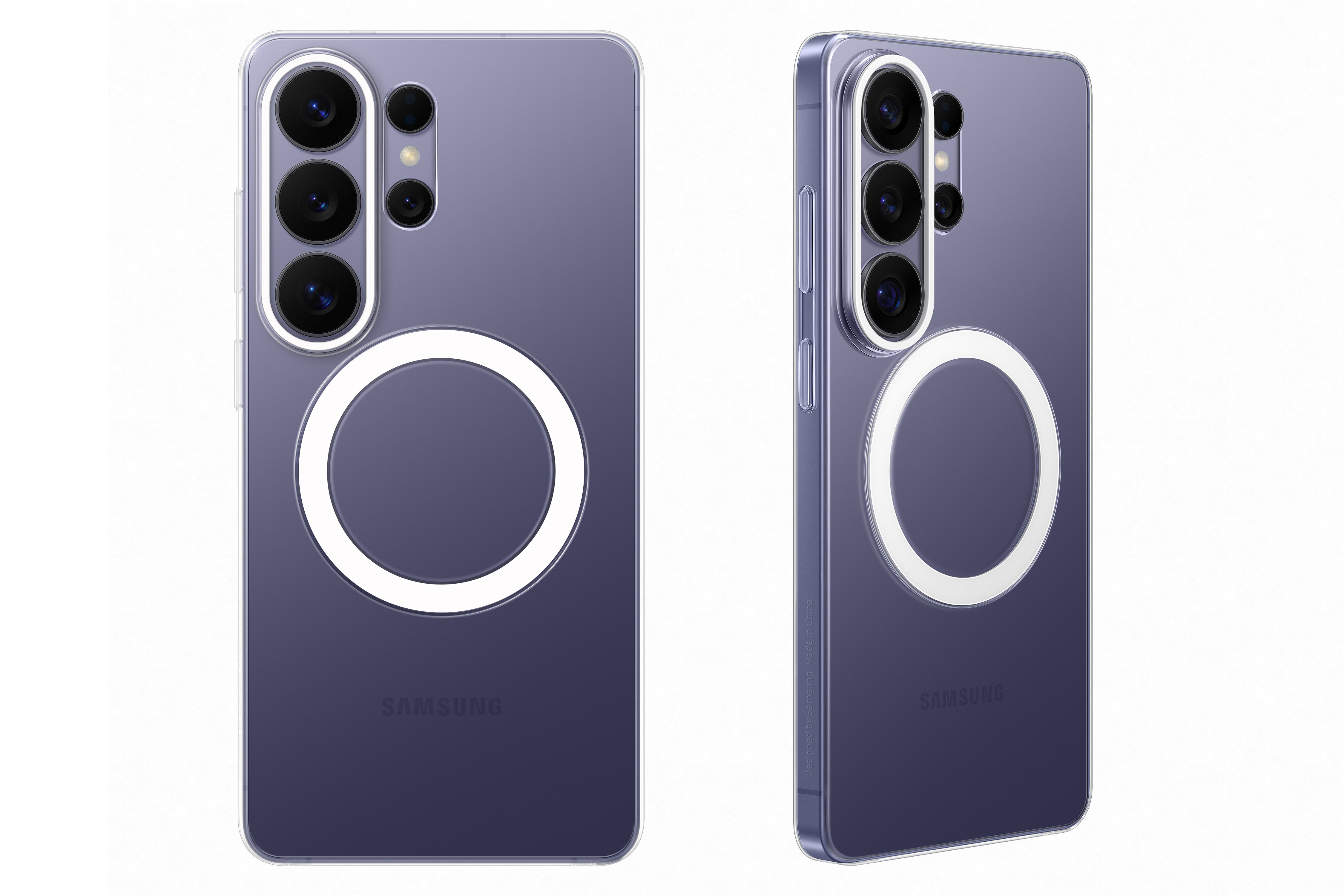 Widok z tyłu fioletowego Galaxy S26 z założonym przezroczystym etui Clear Magnet Case