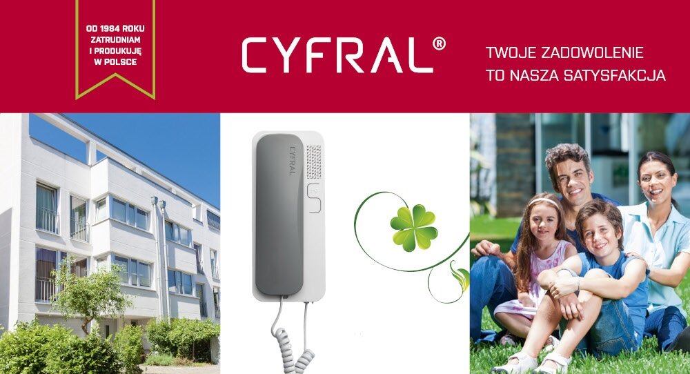 Obraz przedstawia unifon CYFRAL Smart-D w kolorze szaro-białym na tle białego budynku i rodziny siedzącej na trawie. Na czerwonym tle widnieje tekst: \'OD 1964 ROKU ZATRUDNIAM I PRODUKUJĘ W POLSCE\' oraz \'TWOJE ZADOWOLENIE TO NASZA SATYSFAKCJA\'.