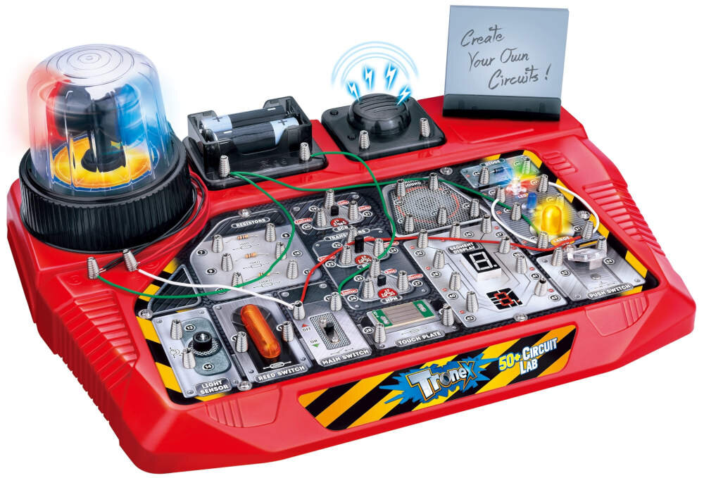 Zabawka edukacyjna DUMEL Tech Laboratorium obwodów DT32050 zdolności manualne logiczne myślenie kreatywność umiejętność rozwiązywania problemów zależności magnetyczne sterowanie oświetleniem działanie styków bezpieczeństwo komfort efekty świetlne mechaniczne dźwiękowe odkrywca