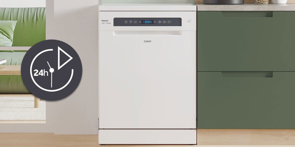 ZMYWARKA CANDY RAPIDO CF 6B4S1PA zdjęcie lifestyle ikona grafika kuchnia front zamknięta roślina donica Opóźnienie startu do 24 h wygoda pora rozpoczęcie cyklu planowanie