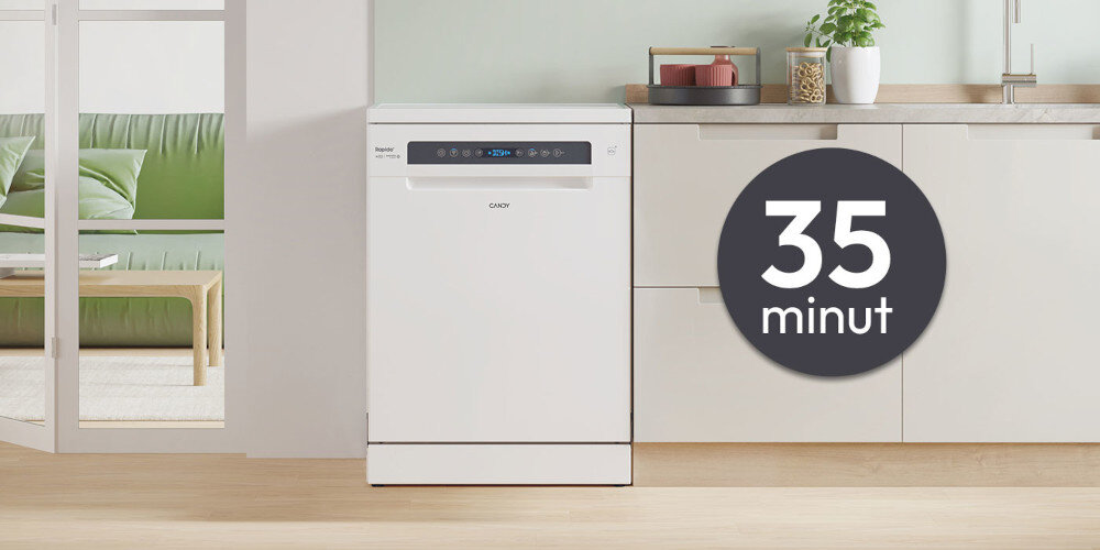 ZMYWARKA CANDY RAPIDO CF 6B4S1PA zdjęcie lifestyle ikona grafika czas kuchnia zmywarka zamknięta front panel Program Wash&Dry 35 minut krótszy czas szybsze mycie suszenie mniej czasochłonne