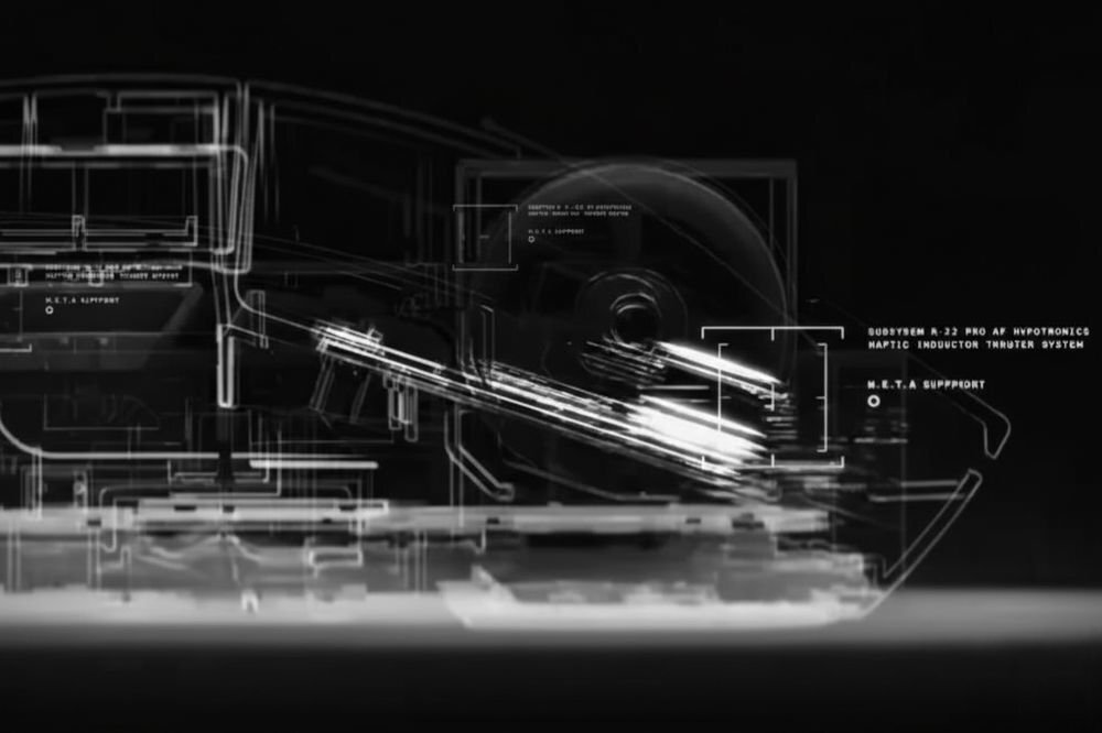 Obraz przedstawia schematyczny rysunek techniczny z widocznymi liniami i oznaczeniami. Tekst na obrazie: \'SUBSYSTEM A-22 PRO AF HYPOTRONICS HAPTIC INDUCTOR THRUSTER SYSTEM\' oraz \'M.E.T.A SUPPORT\'.
