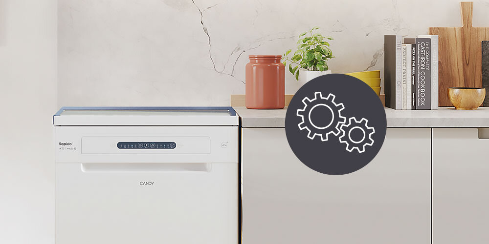 Zmywarka CANDY RapidÓ CF 3C7L1W lifestyle front ikona kuchnia blat silnik inwerterowy większa wydajność oszczędność energii