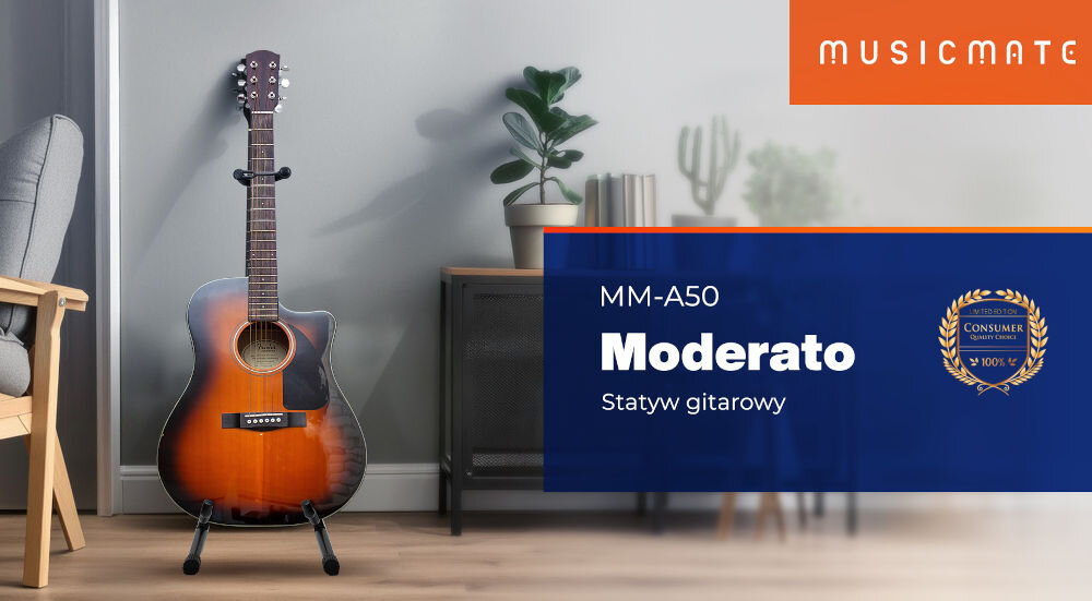 Statyw gitarowy MUSICMATE MM-A50 Moderato
							zadbaj o swoją gitarę, gitara na statywie w pokoju, nazwa producenta w pomarańczowym prostokącie,
							nazwa modelu w niebieskim prostokącie
