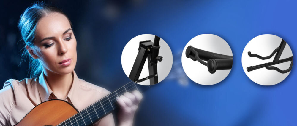 Statyw gitarowy MUSICMATE MM-A50 Moderato 
					stabilność i ochrona, lekka, wytrzymała konstrukcja ze stali o wadze ok. 1 kg, antypoślizgowe nóżki, miękka elastyczna pianka,
					kobieta grająca na gitarze, 3 białe koła ze zbliżeniem na konstrukcję