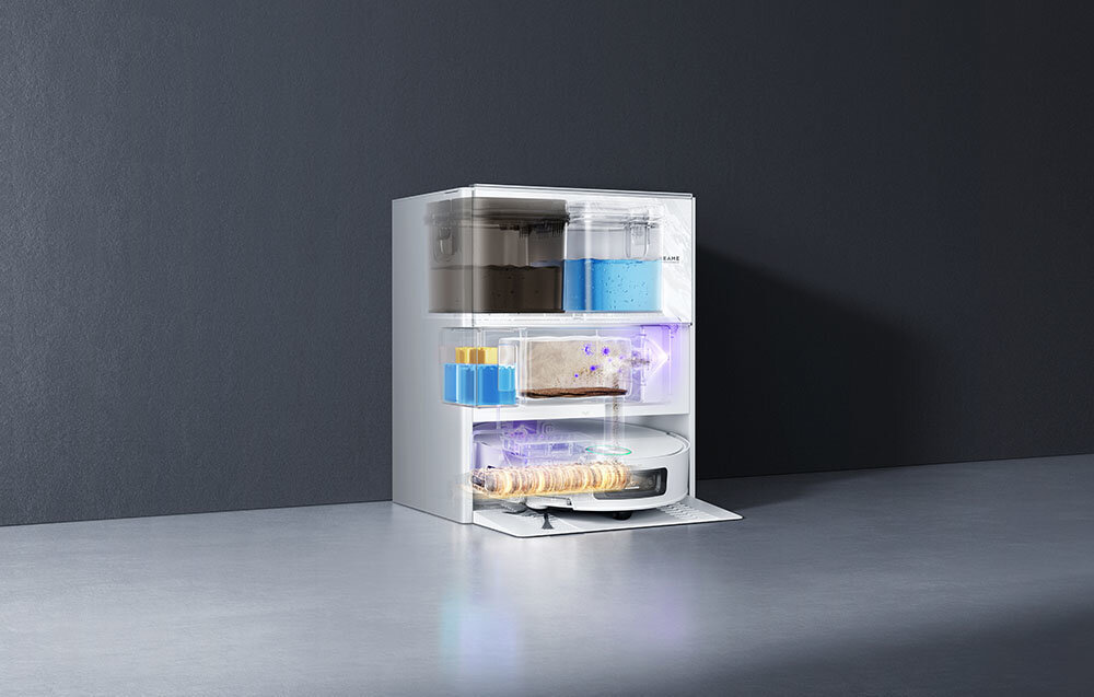 Robot sprzątający DREAME Aqua 10 Ultra Track Complete Biały Przemyślany system dla kurzu Stacja PowerDock™ opróżnia zbiornik na kurz i suszy worek gorącym powietrzem czas