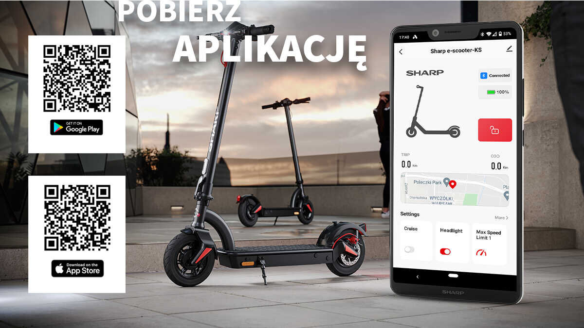 Hulajnoga elektryczna SHARP KS3CEU-B Czarny ładowanie żywotność baterii akumulator Maksymalna prędkość wyświetlacz Podłącz smartfona uchwyt na telefon Szeroki podest mata antypoślizgowa podświetlenie