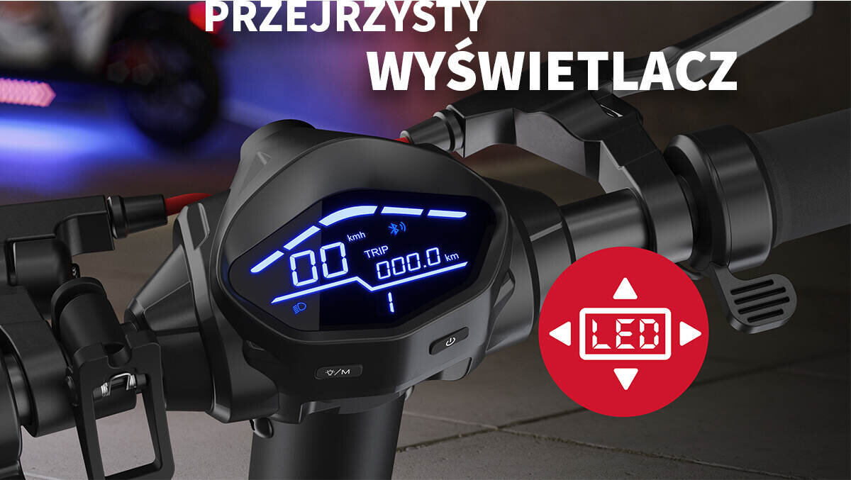 Hulajnoga elektryczna SHARP KS3CEU-B Czarny ładowanie żywotność baterii akumulator Maksymalna prędkość wyświetlacz Podłącz smartfona uchwyt na telefon Szeroki podest mata antypoślizgowa podświetlenie