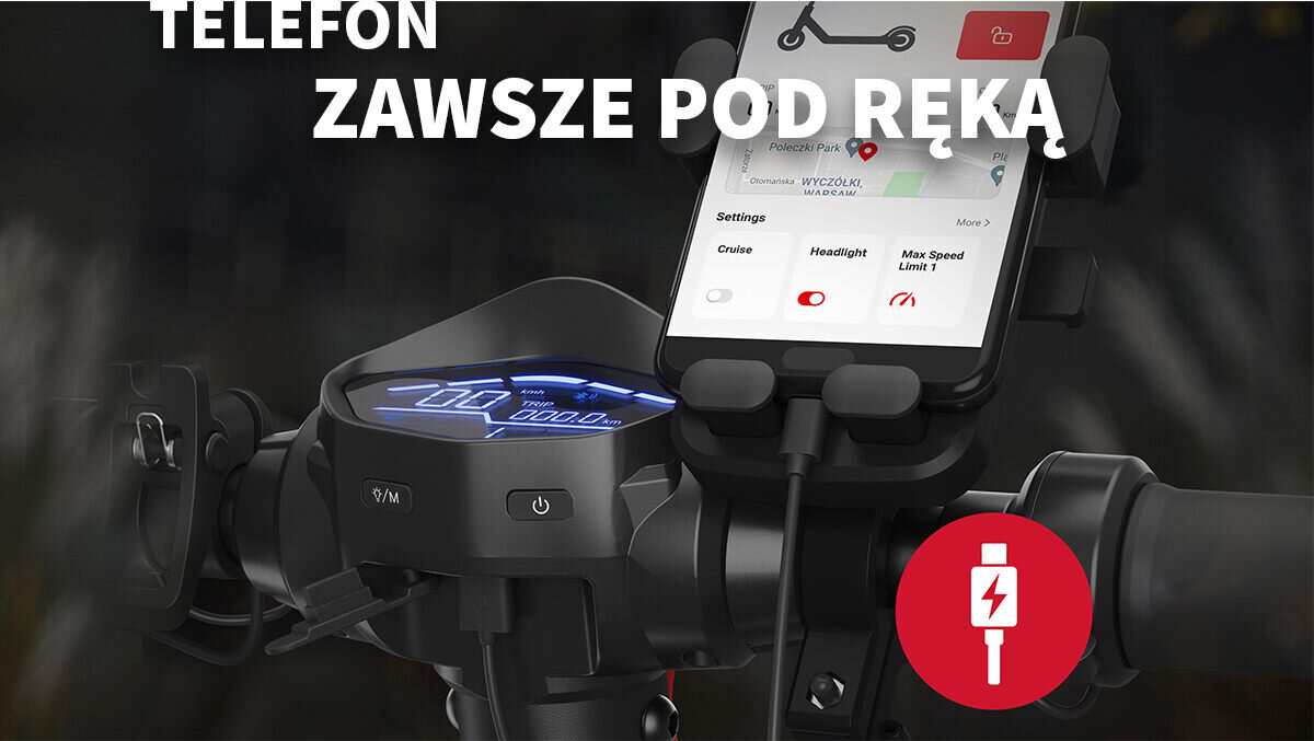 Hulajnoga elektryczna SHARP KS3CEU-B Czarny ładowanie żywotność baterii akumulator Maksymalna prędkość wyświetlacz Podłącz smartfona uchwyt na telefon Szeroki podest mata antypoślizgowa podświetlenie